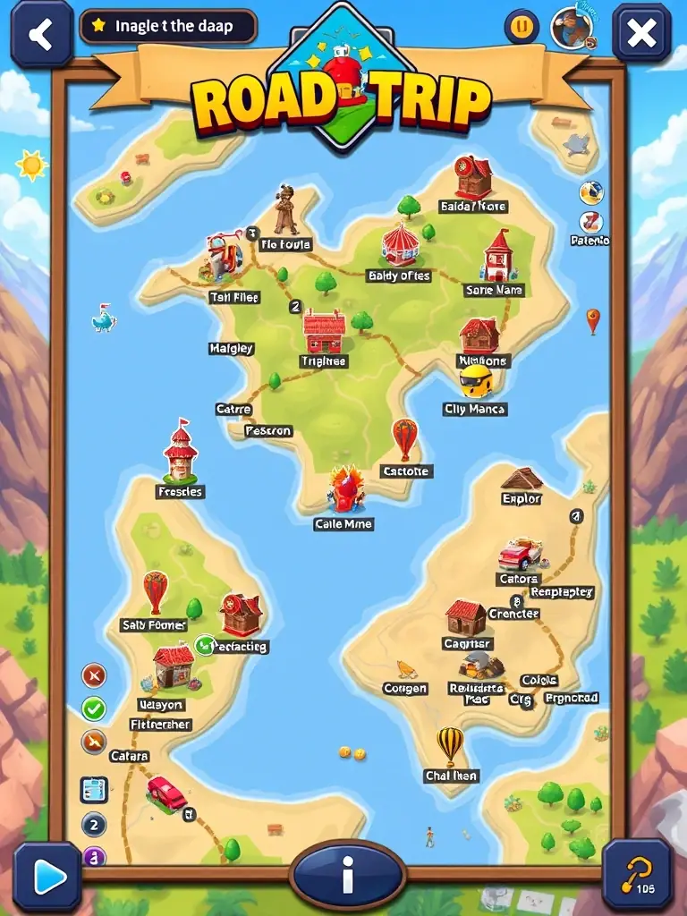 A screenshot of the Road Trip: Royal Merge game displaying the map interface with various locations to explore and challenges to complete.
