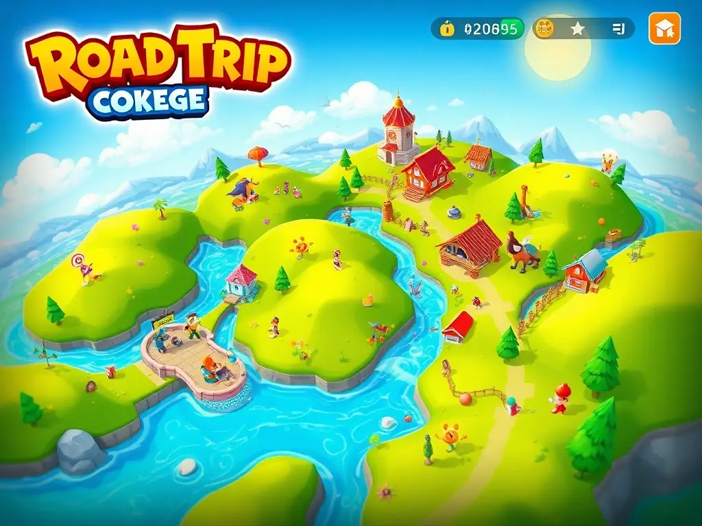 A vibrant screenshot from Road Trip: Royal Merge, showcasing the game's colorful map and merging gameplay. The image should highlight the user interface and the various elements that players can interact with.