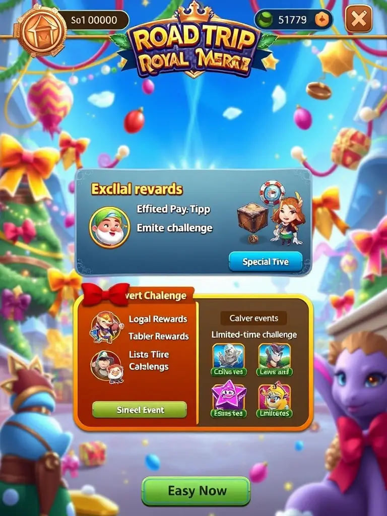 A screenshot of the Road Trip: Royal Merge game highlighting a special event or limited-time challenge with exclusive rewards.