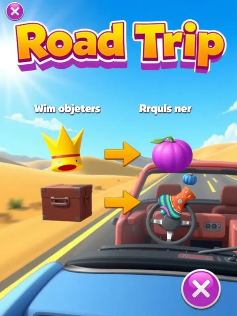 A screenshot of the Road Trip: Royal Merge game showcasing the merging of items to create new objects, set against a backdrop of a scenic road trip location.