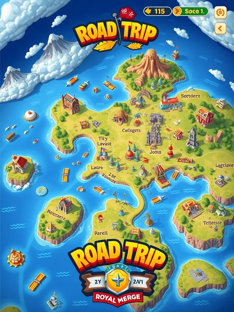 A screenshot from Road Trip: Royal Merge showing the world map with different locations and landmarks to explore.