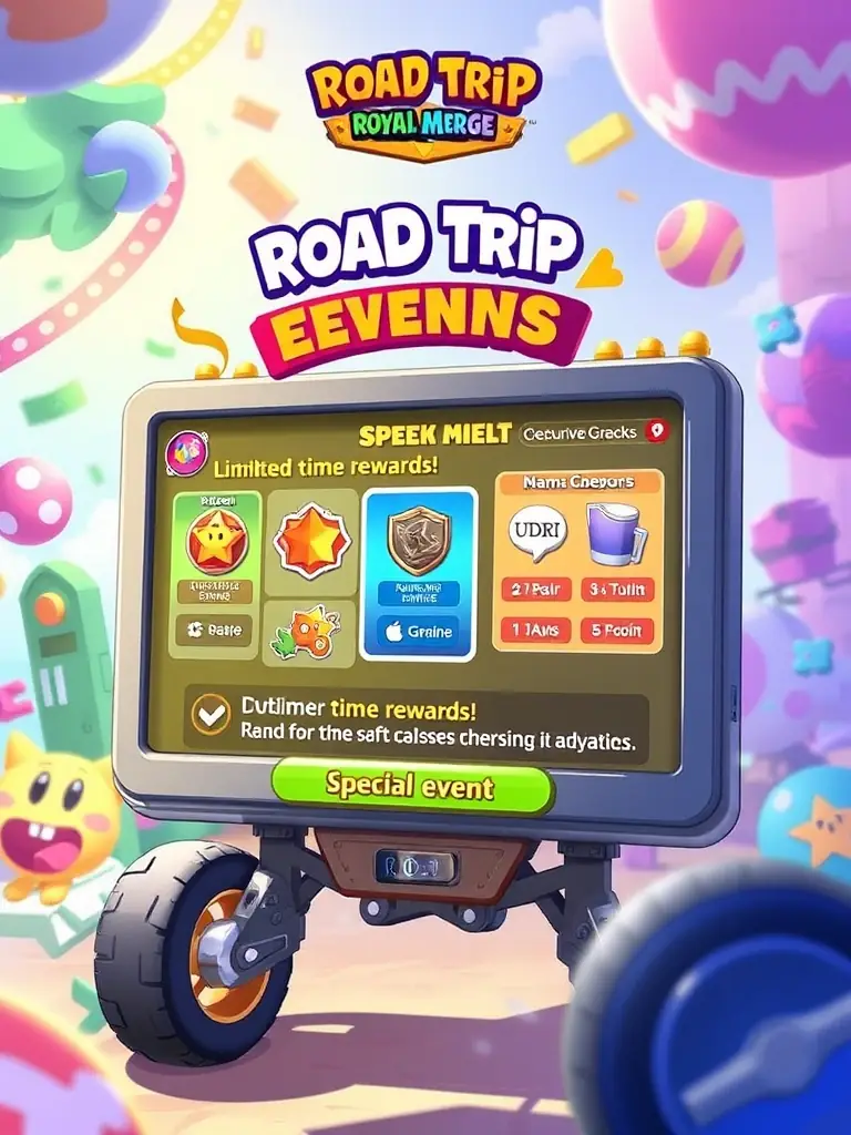 A screenshot from Road Trip: Royal Merge highlighting special events and challenges, with limited-time rewards and exclusive content.