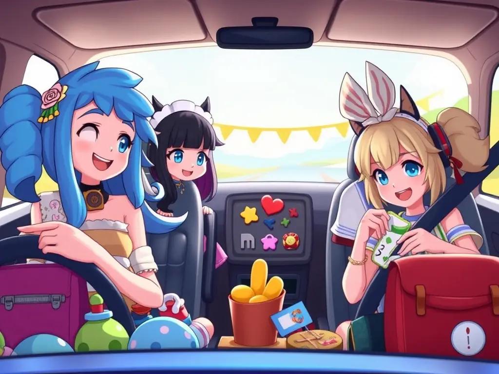 A screenshot from Road Trip: Royal Merge, showcasing the game's unique characters and customization options. The image should highlight the ability to personalize the road trip experience.
