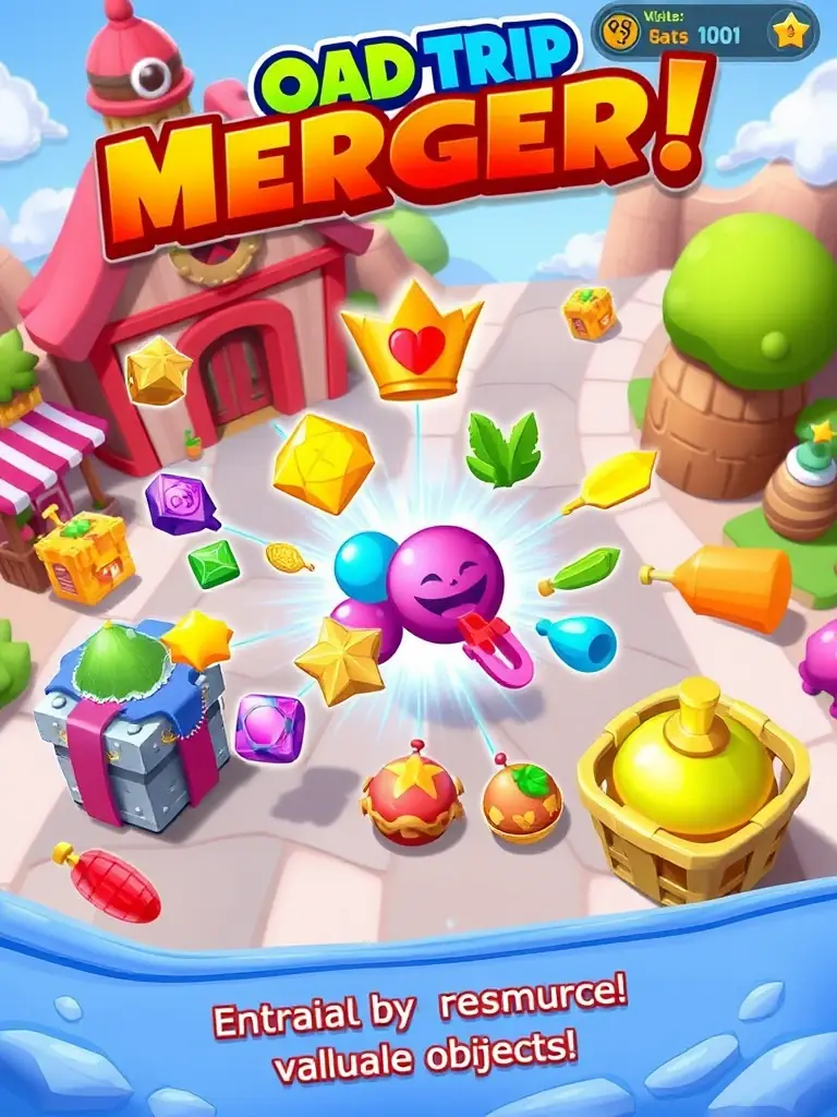 A screenshot from Road Trip: Royal Merge showcasing the merging gameplay mechanic, with various items and resources being combined to create more valuable objects.